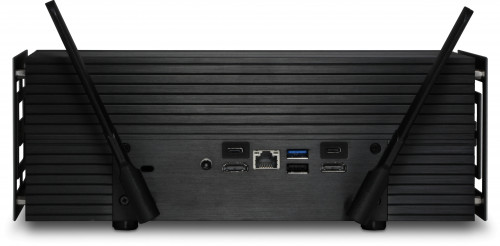 Rear: two HDMI ports, two Thunderbolt 4 ports (USB Type-C, also compatible with DisplayPort 1.4), 2.5Gb LAN port and two USB ports (one USB 3.2 and one USB 2.0). Please note the Wi-Fi and BT antennae are optional.